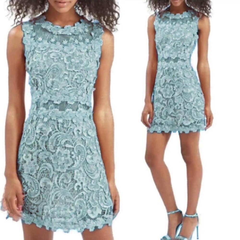 Topshop Powder Blue Floral Lace Mini Dress Sleeveless Mesh Inset Size 0‎